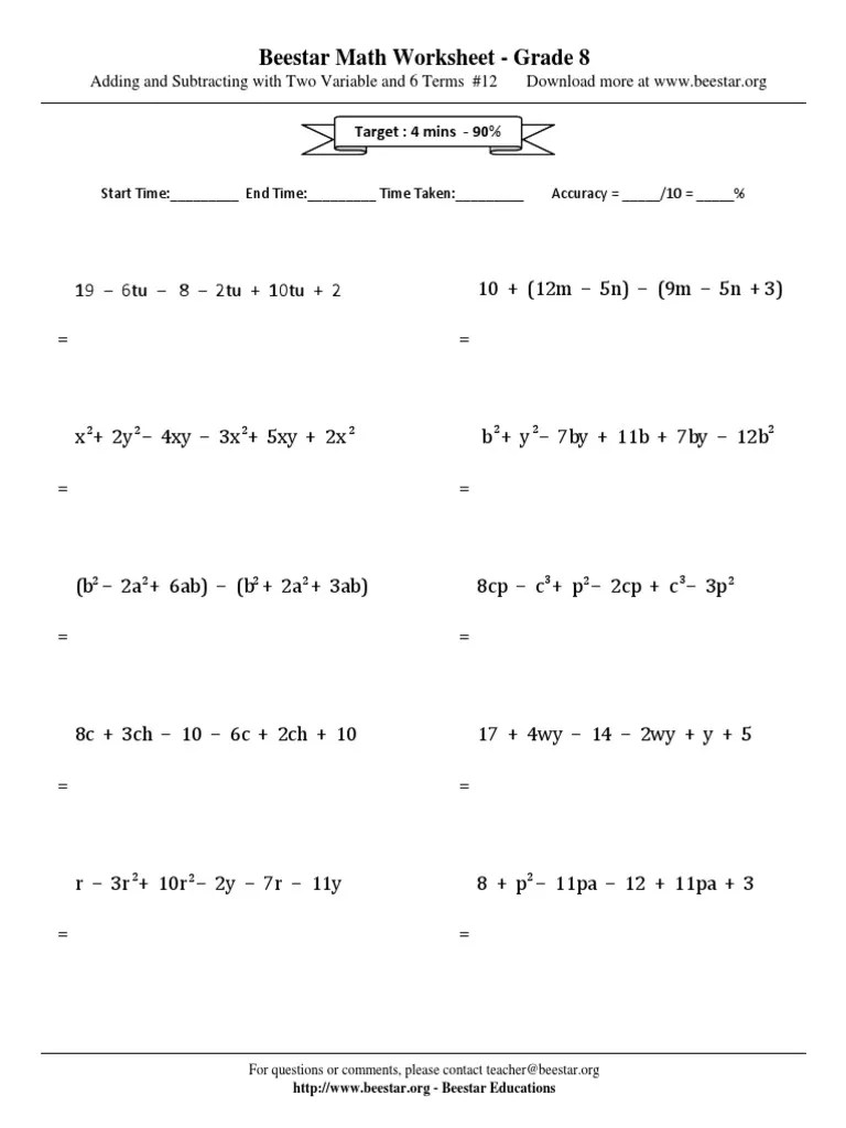 Beestar Math Worksheet Grade 8 Target 4 Mins 90 PDF Mathematics