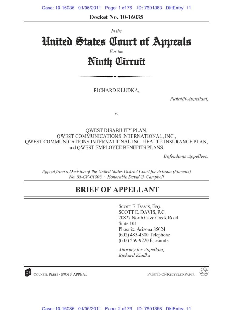 Read The Opening Brief To The Ninth Circuit by Scott Davis in Kludka v. Qwest PDF Standard