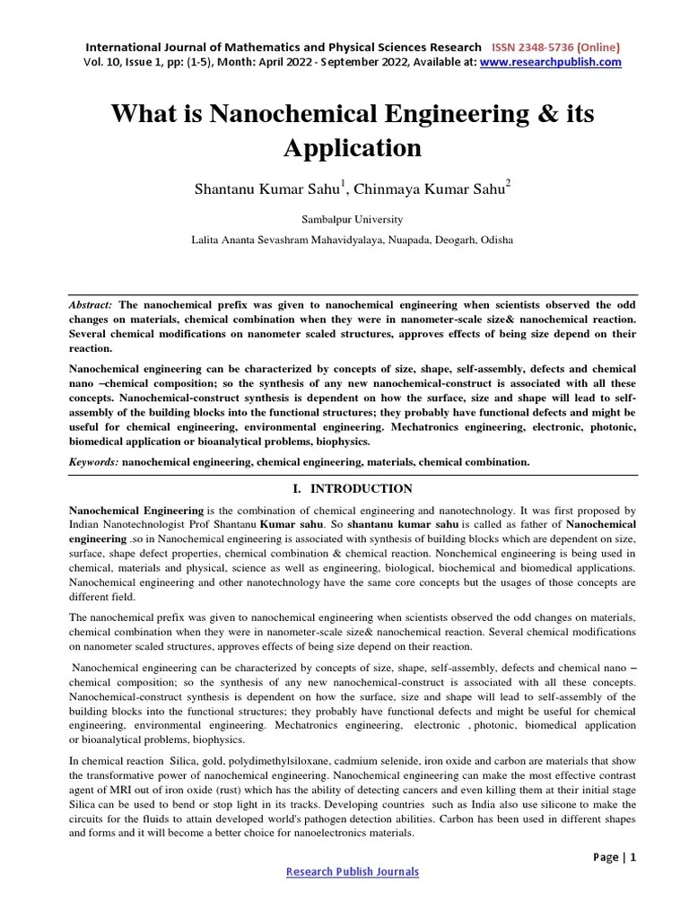 What Is Nanochemical Engineering & Its Application Download Free PDF