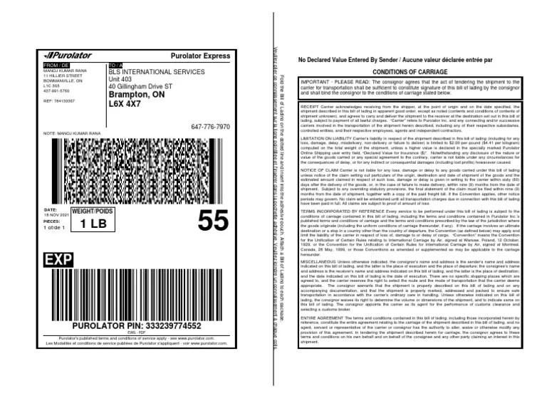 Purolator Label PDF Cargo Bill Of Lading