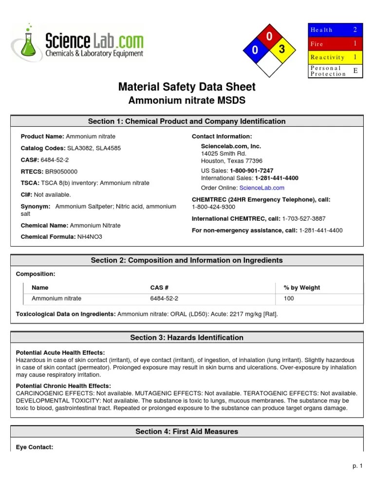MSDS of Ammonium Nitrate Toxicity Sodium