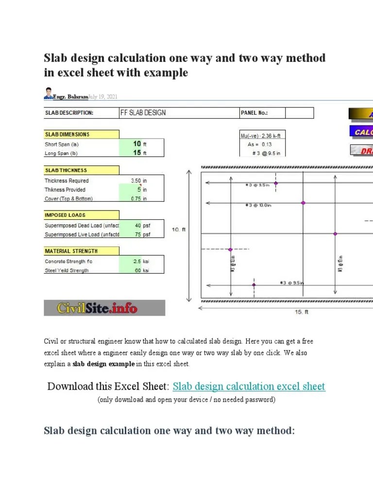Slab Design Calculation One Way and Two Way Method in Excel Sheet With