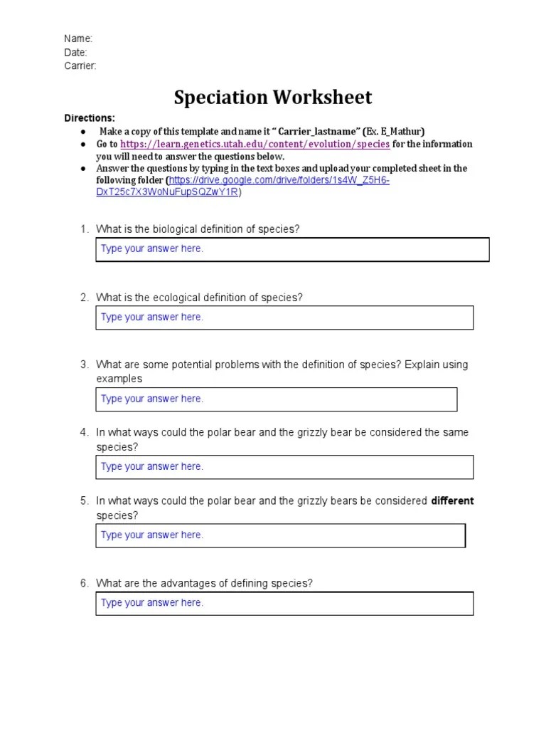 7Speciation Worksheet PDF Species Reproduction