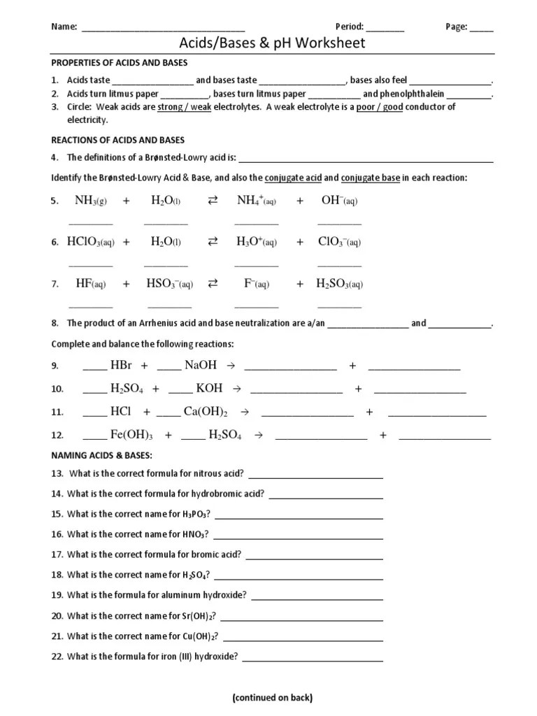 Acids Bases and PH Worksheet | PDF | Ph | Acid