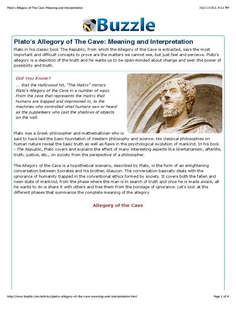 Plato Meaning of The Allegory of The Cave PDF Plato Truth