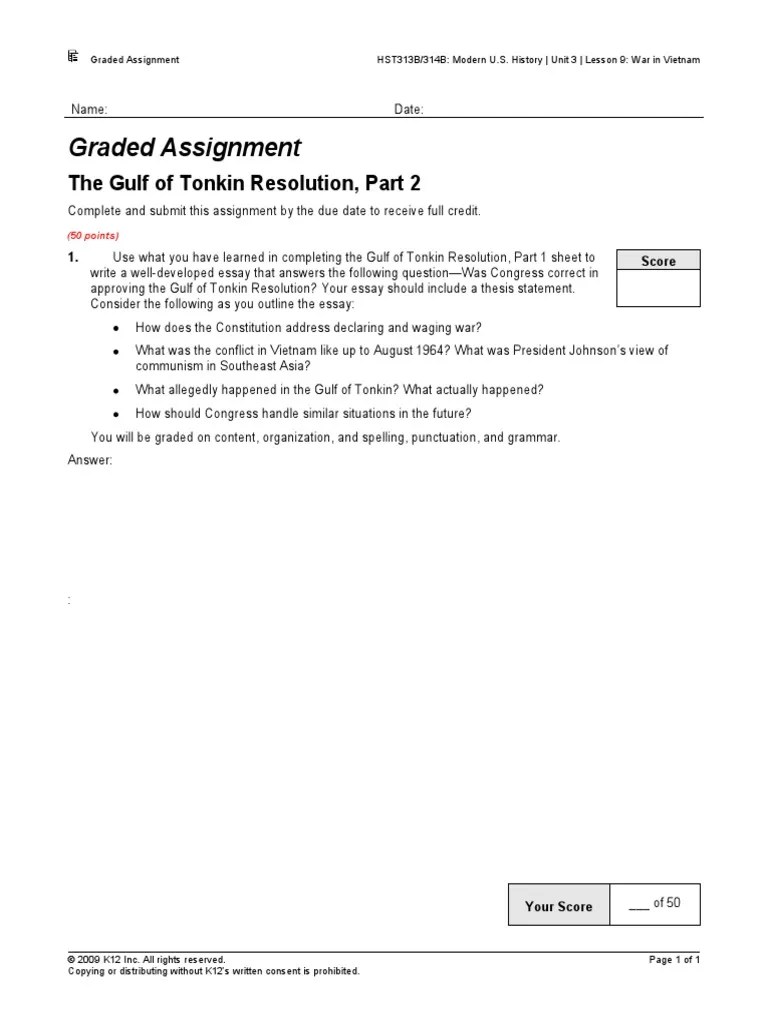 Graded Assignment The Gulf of Tonkin Resolution, Part 2 PDF
