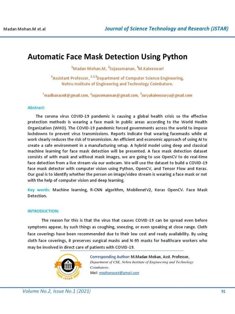 Automatic Face Mask Detection Using Python PDF Deep Learning