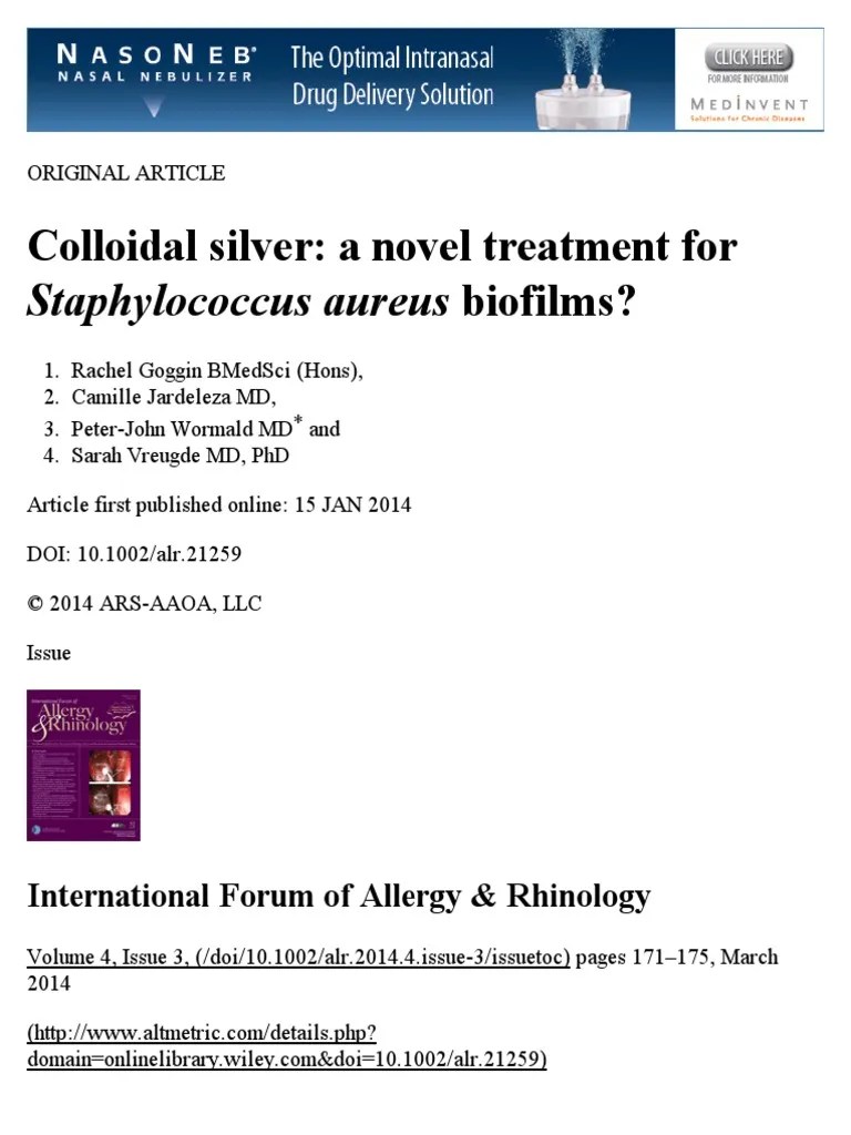 Colloidal SilverA Novel Treatment For Staphylococcus Aureus Biofilms