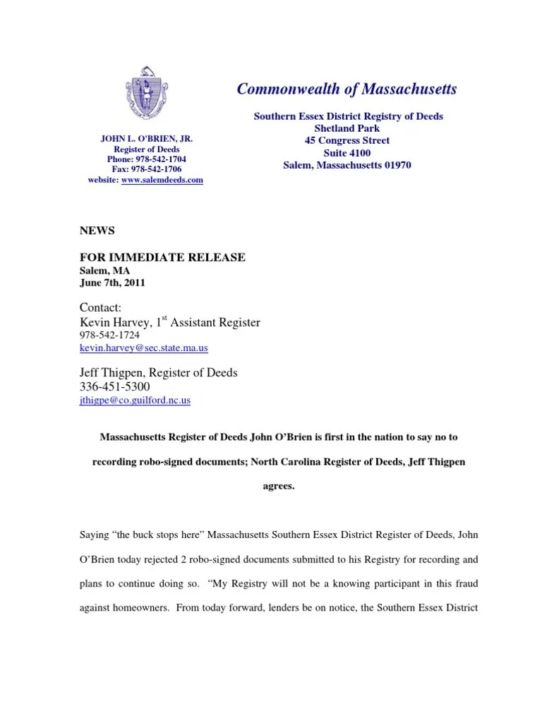 Massachusetts Register of Deeds John O'Brien Is First in The Nation To Say No To Recording Robo