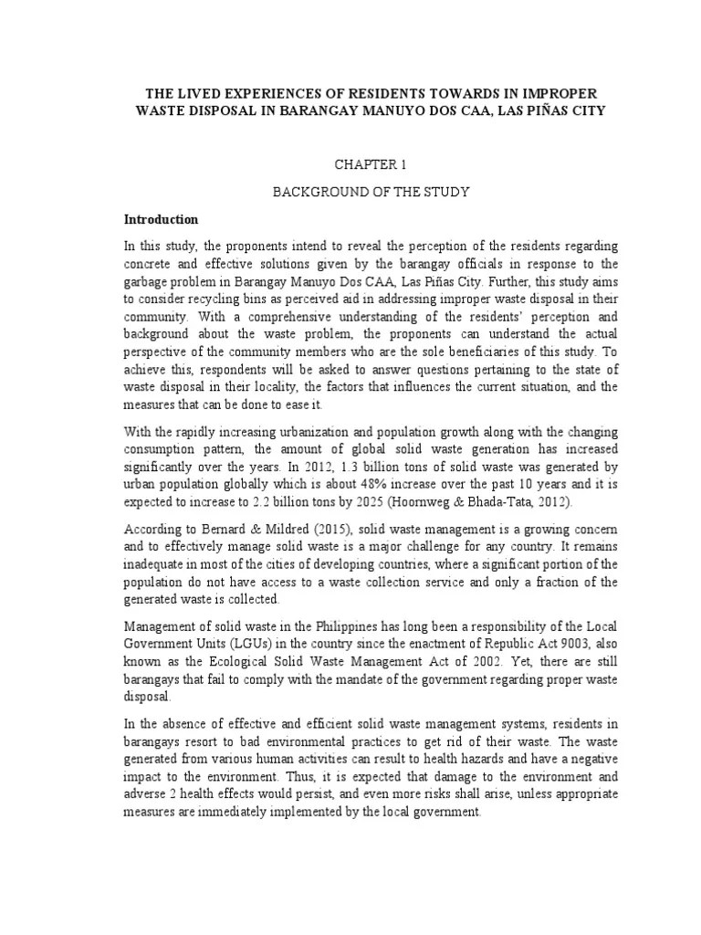 The Lived Experiences of Residents Towards in Improper Waste Disposal