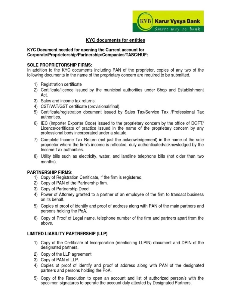 KYC Documents For Entities PDF Sole Proprietorship Law