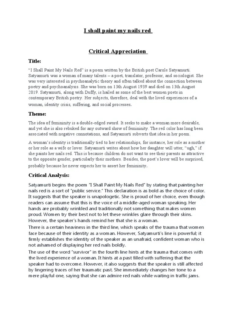 I Shall Paint My Nails Red Critical Appreciation Title PDF Poetry
