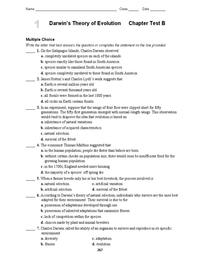 Darwin's Theory of Evolution Chapter Test B: Multiple Choice | PDF