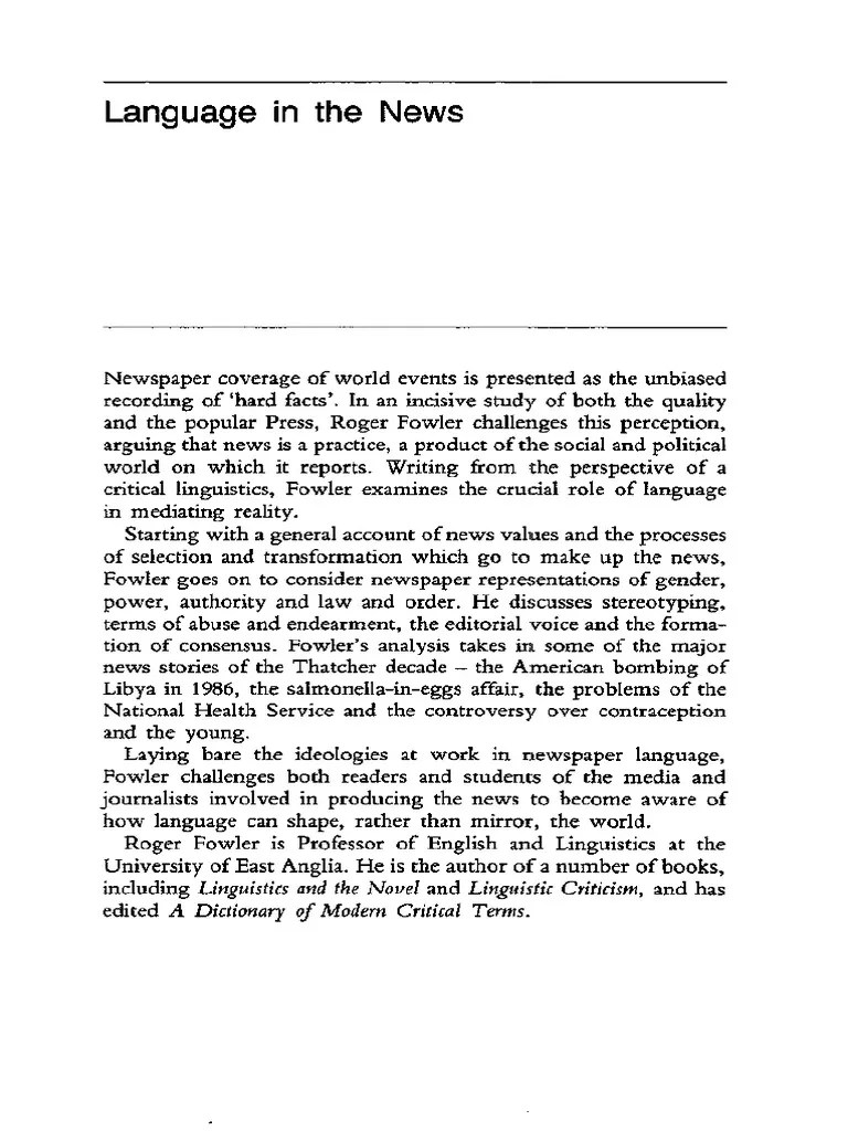 Roger Fowler Language in The News Discourse and Ideology in The