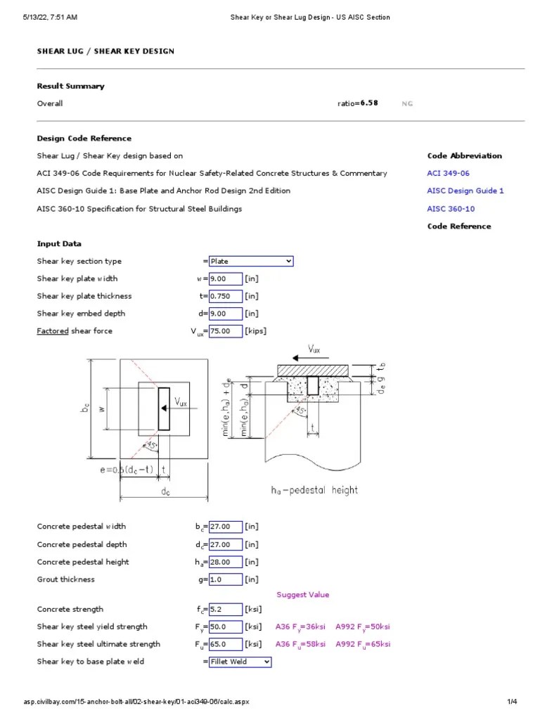 Shear Key or Shear Lug Design US AISC Section PDF Chemistry