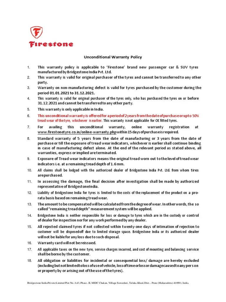 Firestone Warranty Policy PDF Tire Vehicles