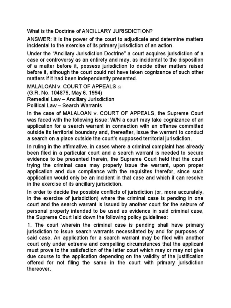 What Is The Doctrine of ANCILLARY JURISDICTION PDF Jurisdiction Search Warrant