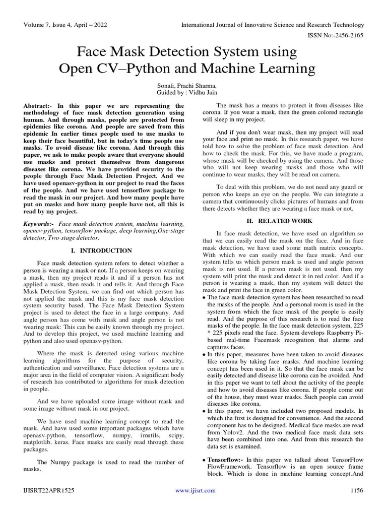 Face Mask Detection System Using Open CVPython and Machine Learning PDF Deep Learning