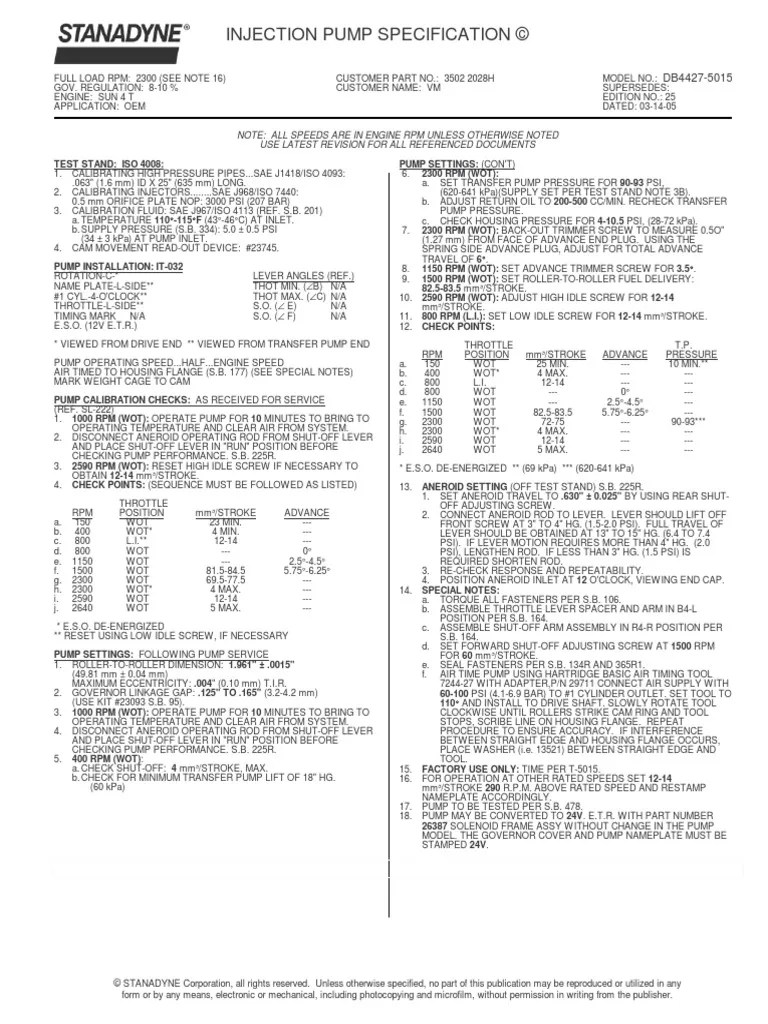 Injection Pump Specification ©: Use Latest Revision For All Referenced