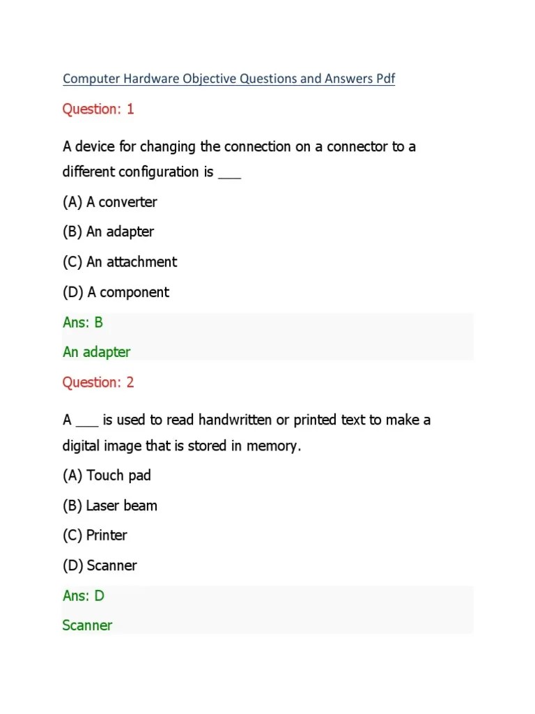 Computer Hardware Objective Questions and Answers PDF