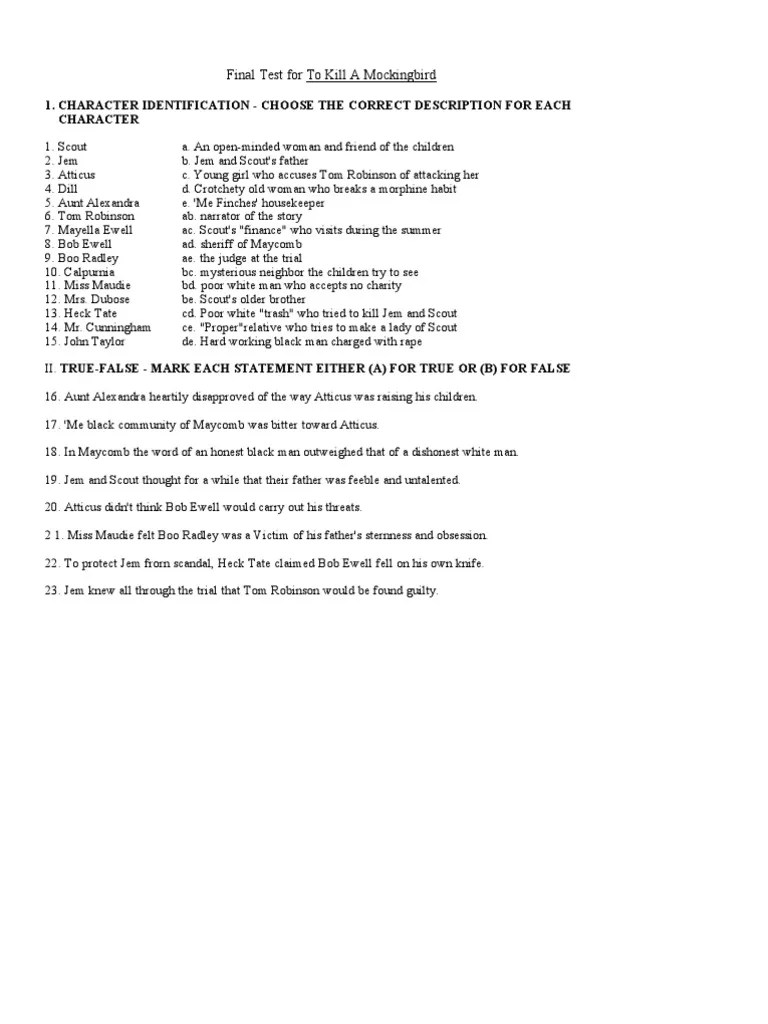 Final Exam To Kill A Mockingbird