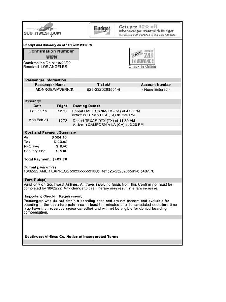 Southwest Airlines Receipt and Itinerary PDF
