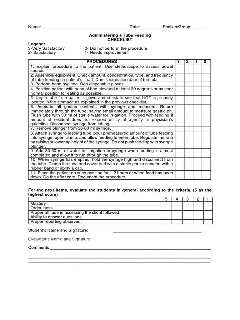 Tube Feeding Checklist | PDF | Syringe | Patient