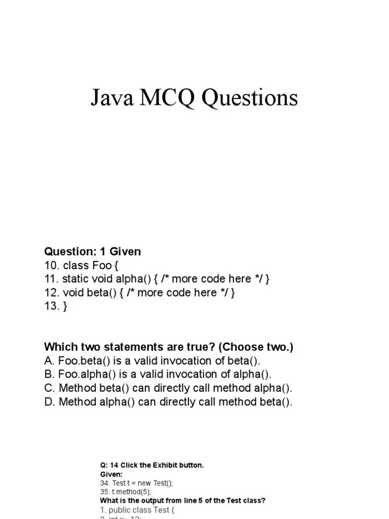 Java MCQ Questions PDF Class Programming) Software