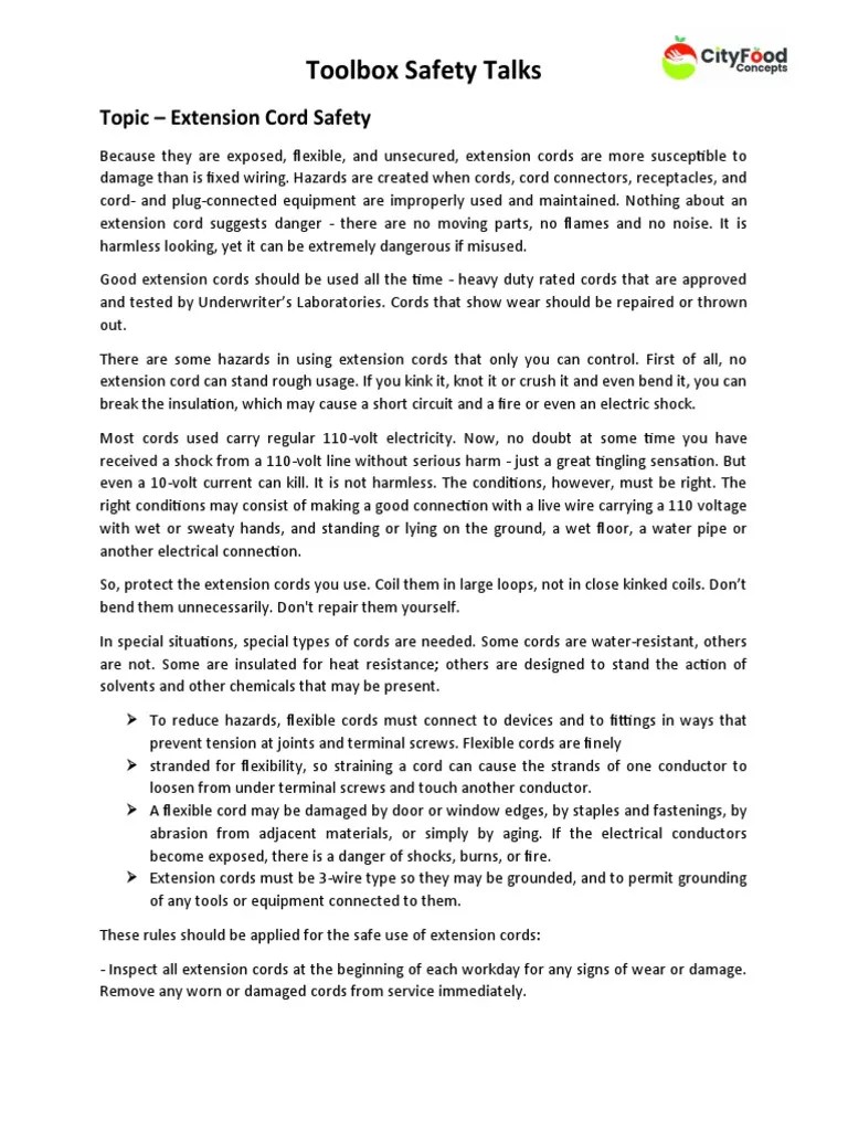 Toolbox Safety Talks Extension Cord Safety PDF Rope Electrical