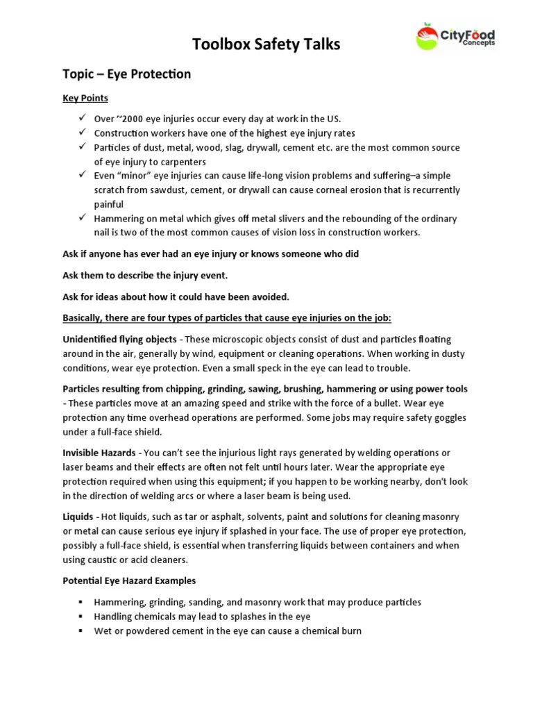 Toolbox Safety Talks Eye Protection PDF Glasses Equipment