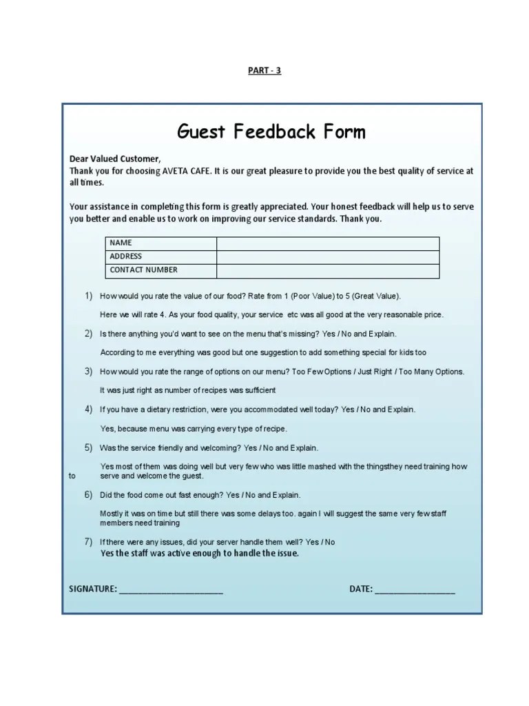 Guest Feedback Form Part 3 PDF Restaurants Foods