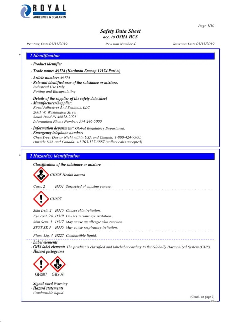 Safety Data Sheet for Hardman Epocap 19174 Part A Epoxy Resin Mixture