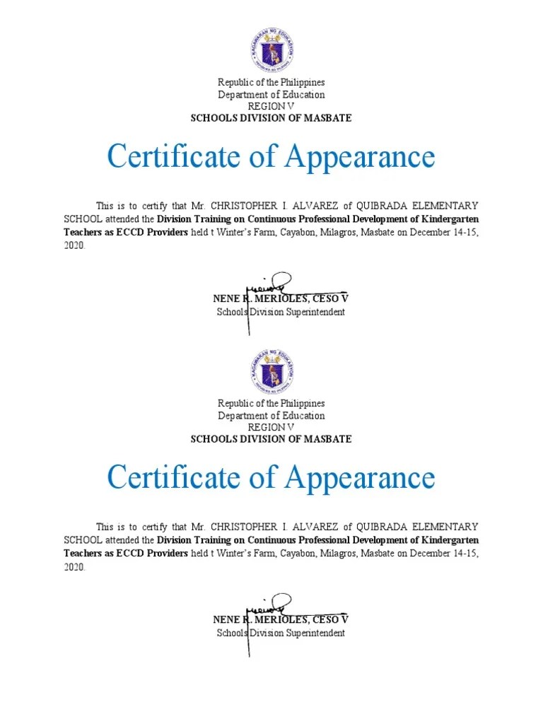 Certificate of Appearance Template PDF