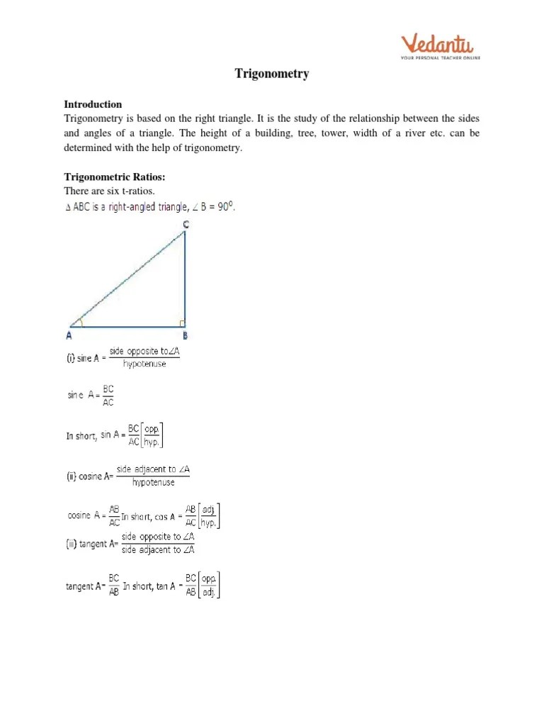 Class 10 Revision Notes Introduction To Trigonometry PDF