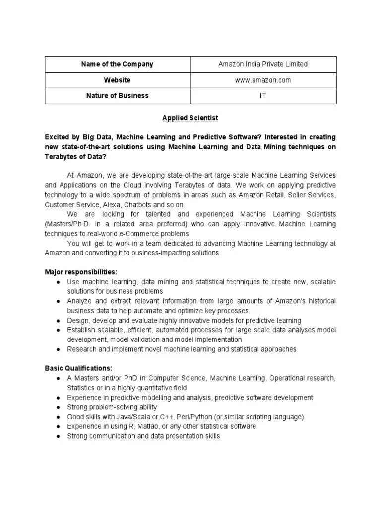 Amazon Applied Scientist PDF Machine Learning Data Mining