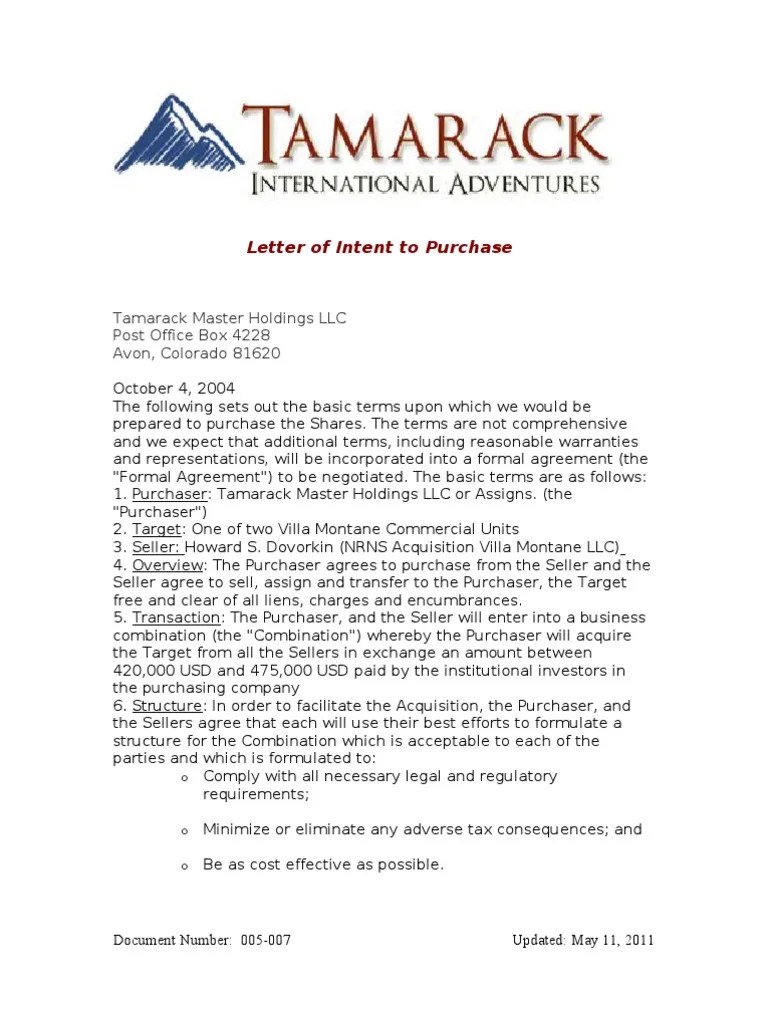 Letter of Intent Due Diligence Mergers And Acquisitions