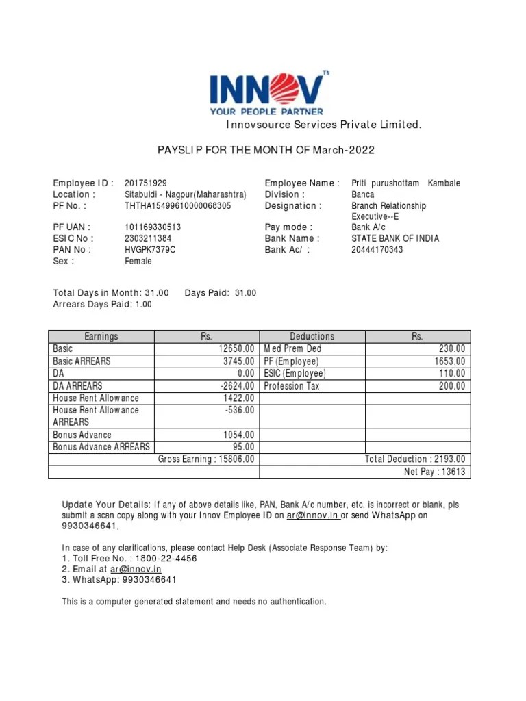 Innovsource Services Private Limited. Payslip For The Month of March
