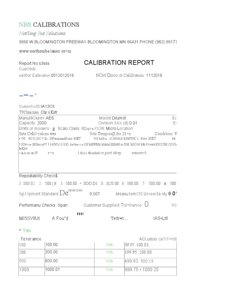 Example Accredited Calibration Certificate Weighing Scale Calibration