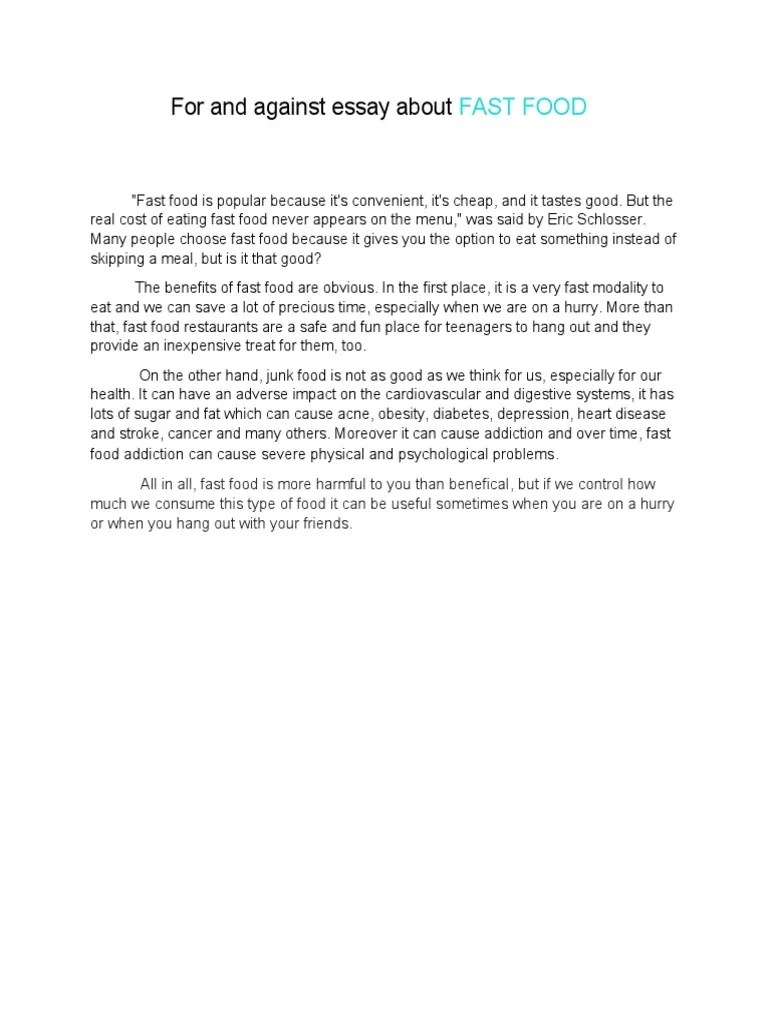 For and against essay about FAST FOOD PDF