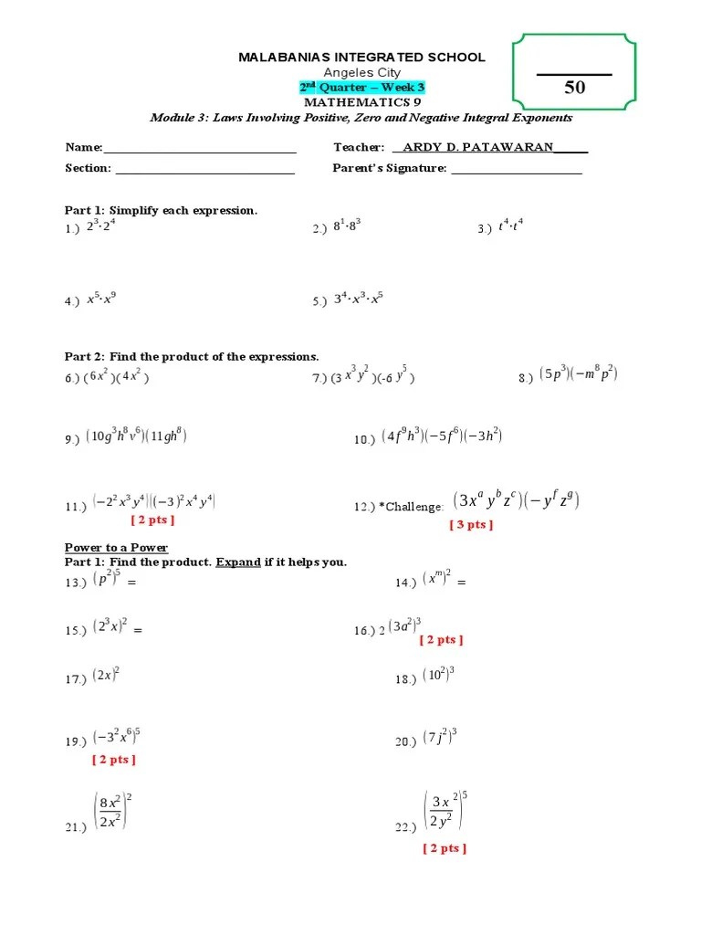 Exponent Worksheet Review | PDF