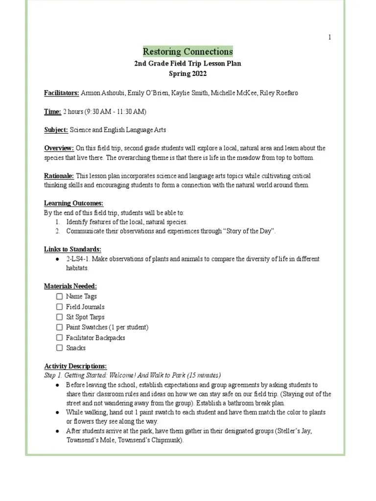 2nd Grade Field Trip Lesson Plan MM PDF Lesson Plan Owl