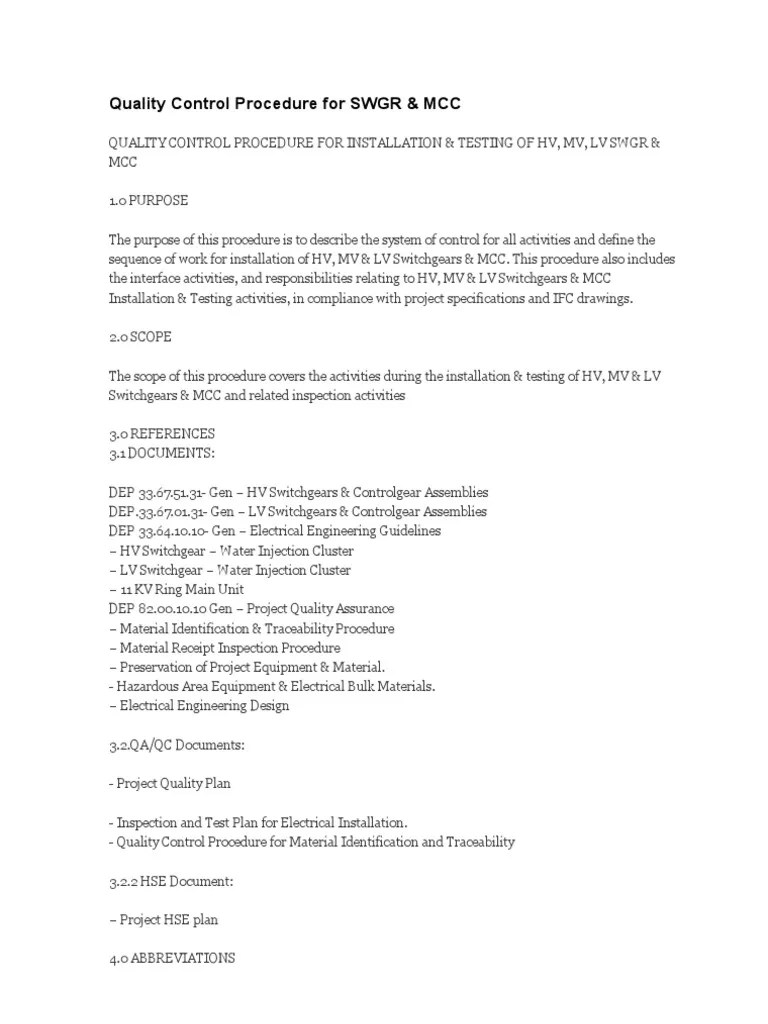 Quality Control Procedure For SWGR & MCC PDF Relay Personal