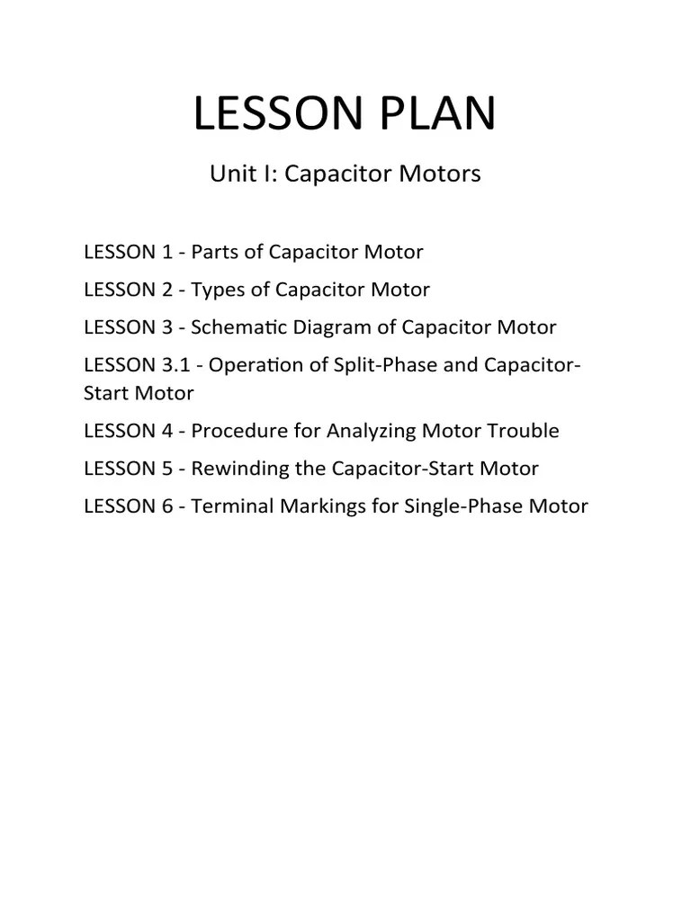 Lesson Plan Unit I Capacitor Motors PDF Electric Motor Inductance