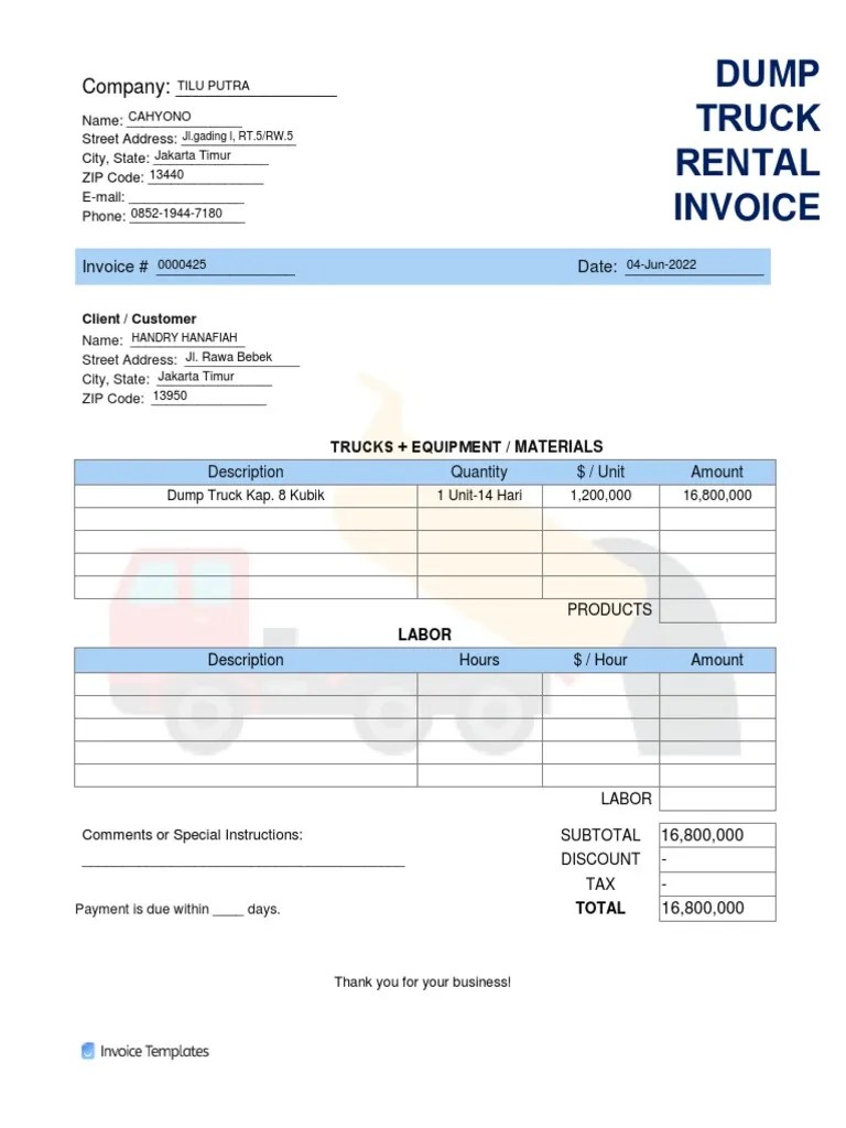 Dump Truck Rental Invoice Template PDF