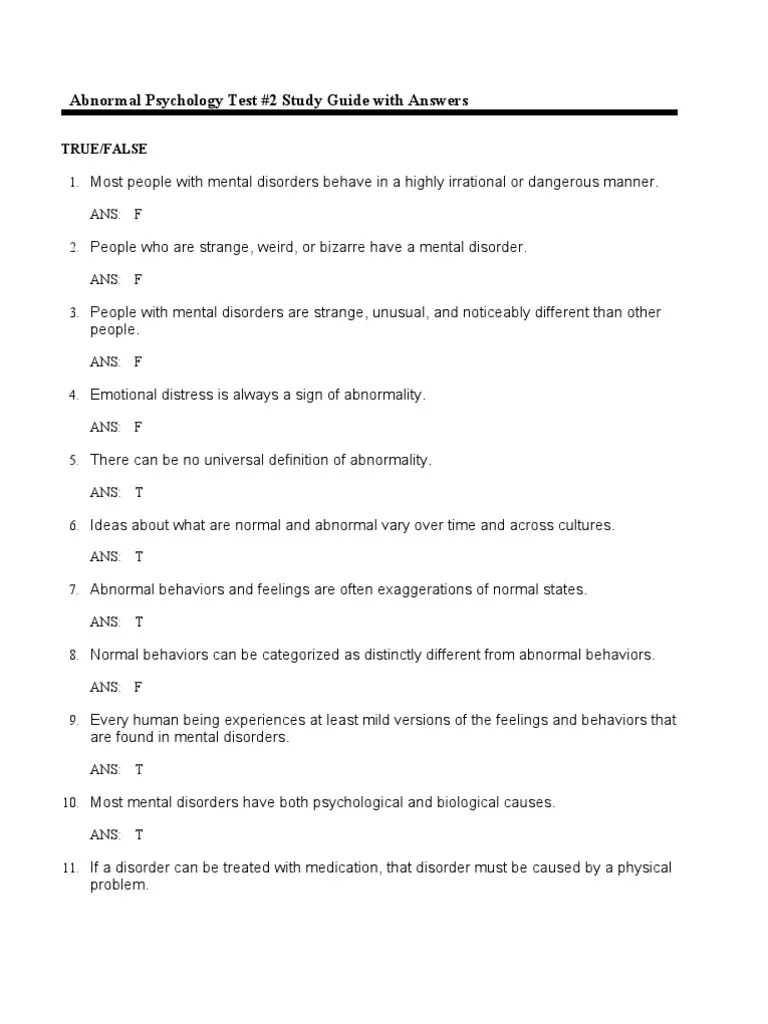 Abnormal Psychology Test Two Study Guide With Answers Mental Disorder
