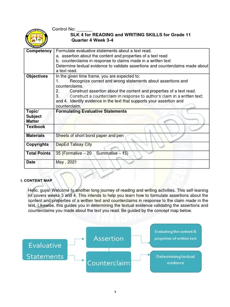 Evaluative Statements Assertion SLK 4 For Reading and Writing Skills