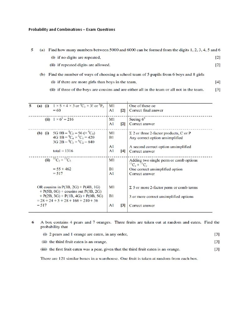 AS Level S1 Probability and Combinations Exam Questions PDF