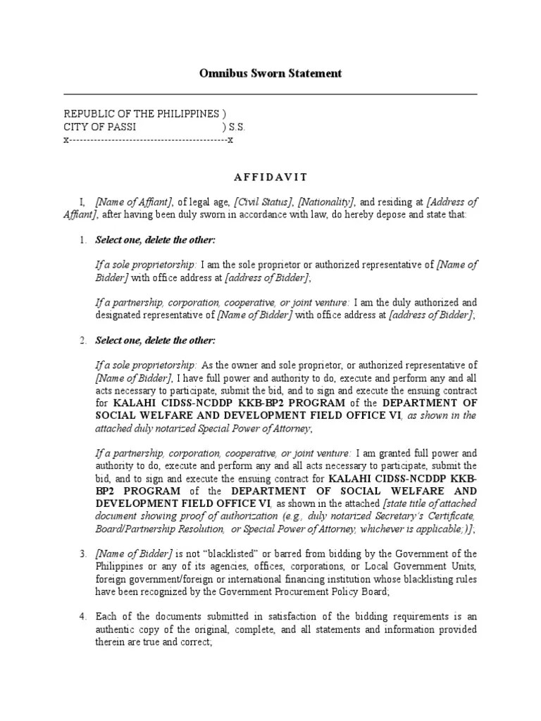 Omnibus Sworn Statement TEMPLATE PDF Affidavit Sole Proprietorship