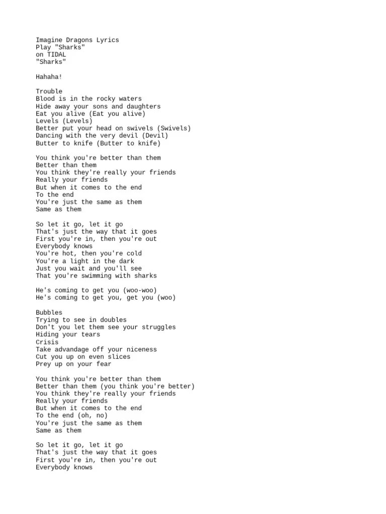 Imagine Dragons Sharks Lyrics PDF