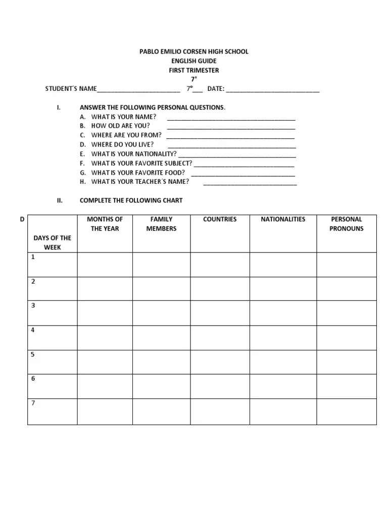7° ENGLISH GUIDE 1st Trimester PDF Subject (Grammar) Human